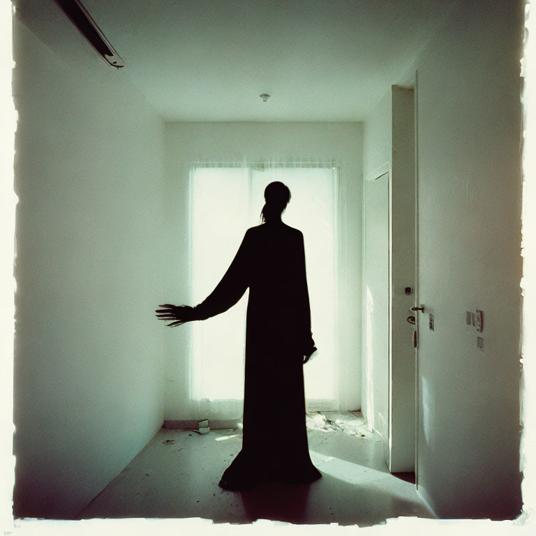 Silhouetted Figure in Dim Room with Open Door and Streaming Light