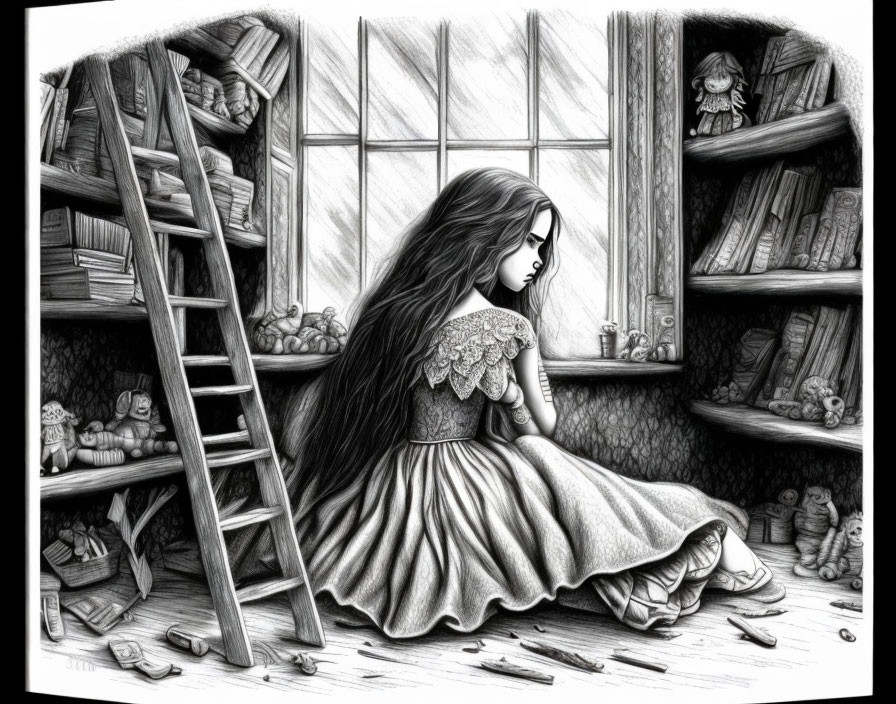 Monochrome illustration of long-haired girl surrounded by bookshelves and toys