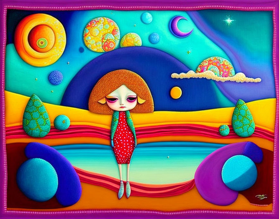 Colorful whimsical painting: Stylized girl in fantastical landscape