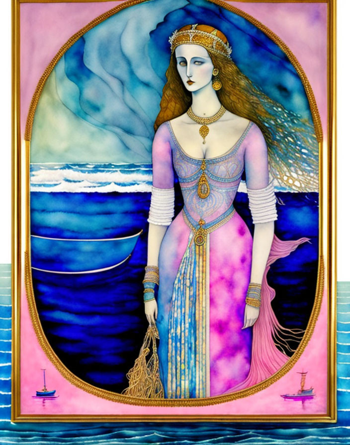 Regal woman with crown in purple and gold gown by ocean and crescent moon