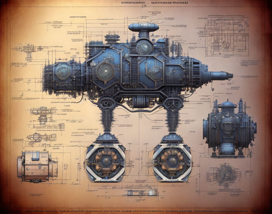 Detailed Steampunk-Style Submarine Schematic with Technical Annotations