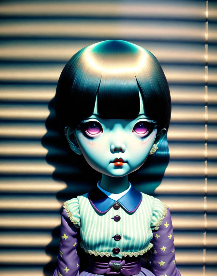 Digital art: Doll-like character with large eyes, bobbed hair, purple dress, striped background