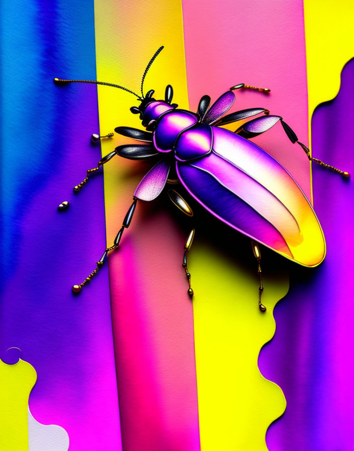 Colorful digitally-rendered beetle on multicolored background with droplets