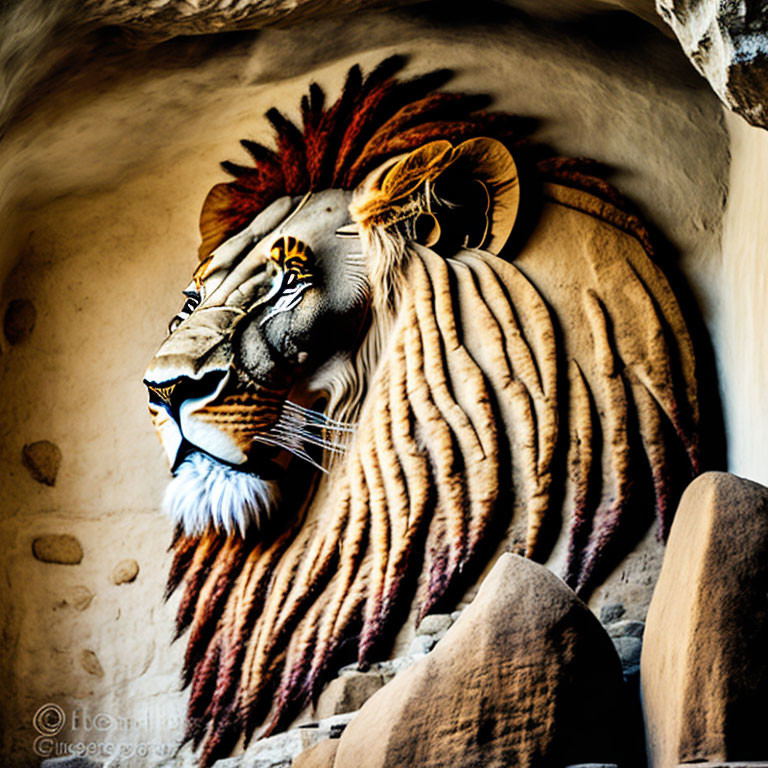 Colorful Lion's Head Mural on Curved Stone Wall