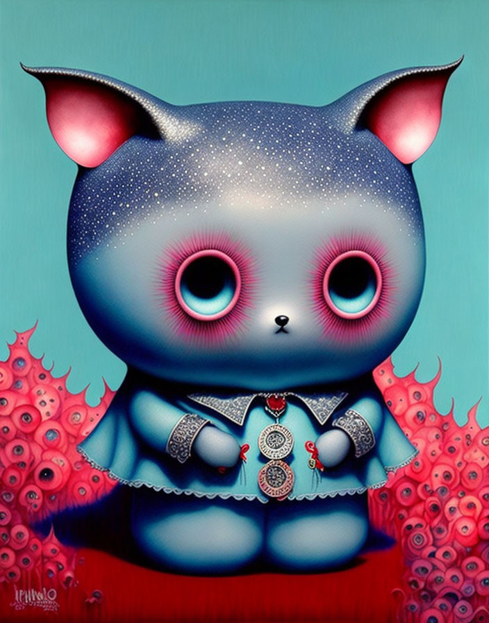 Blue kitten-like creature with pink eyes and cosmic texture in dress illustration.