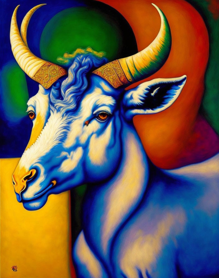 Vibrant bull painting on abstract background in blue, orange, yellow