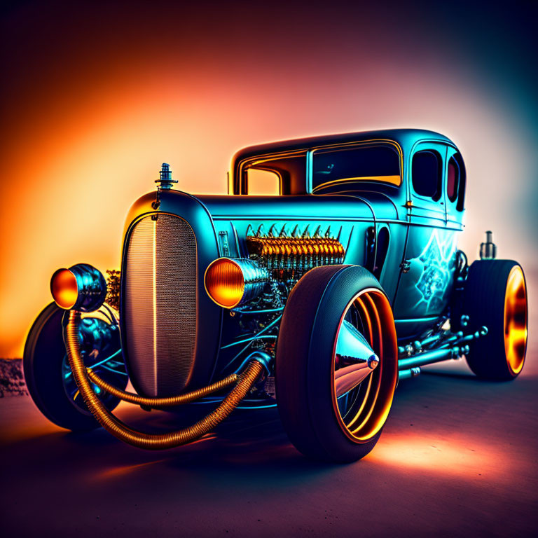 Classic hot rod with oversized wheels and vibrant backdrop