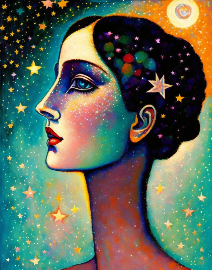 Vibrant portrait of woman with star-filled hair and cosmic background