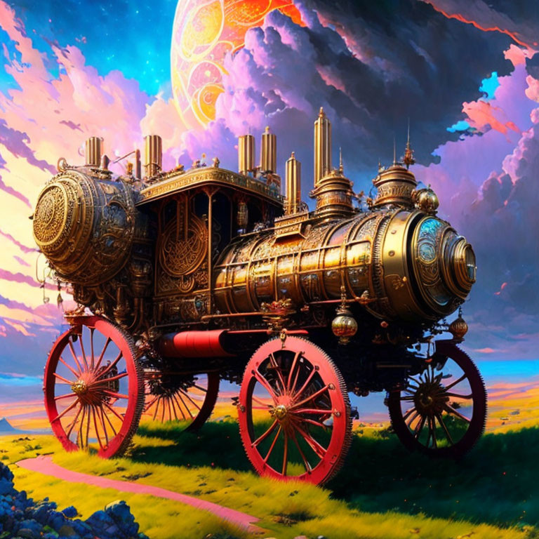 Steam-powered vehicle with red wheels in vibrant alien landscape