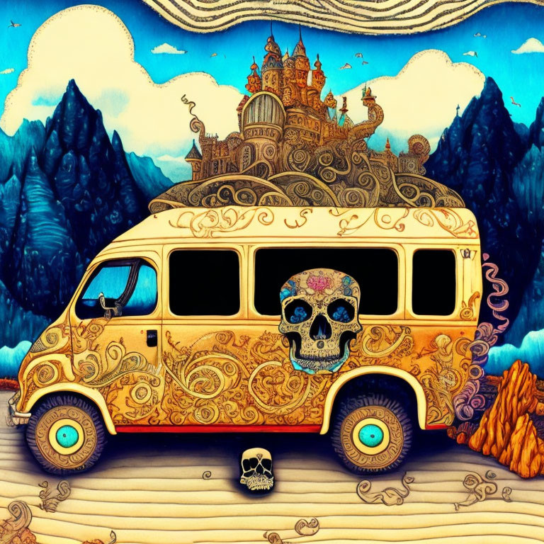 Colorful van with skull design in surreal landscape