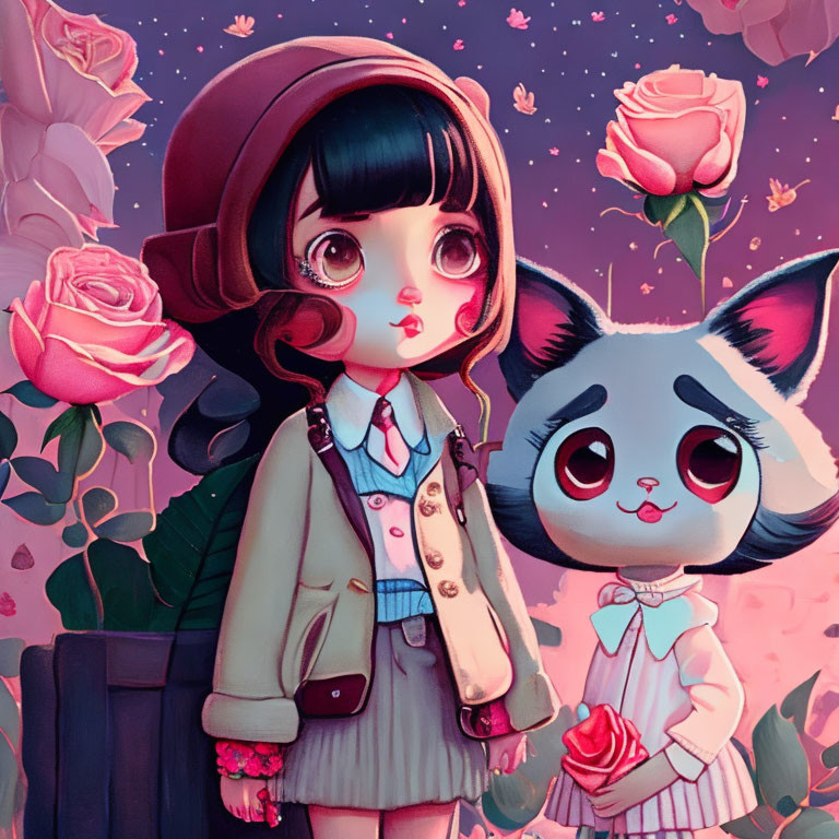 Stylized illustration of girl and cat with large eyes in pink rose setting