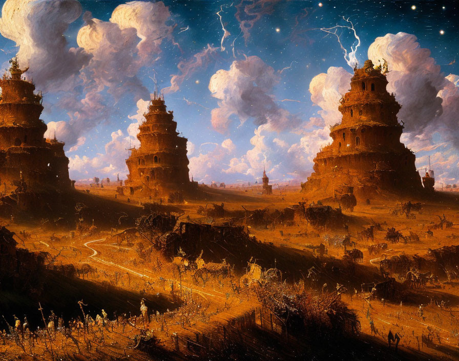 Majestic fantasy landscape with towering spires and starlit sky