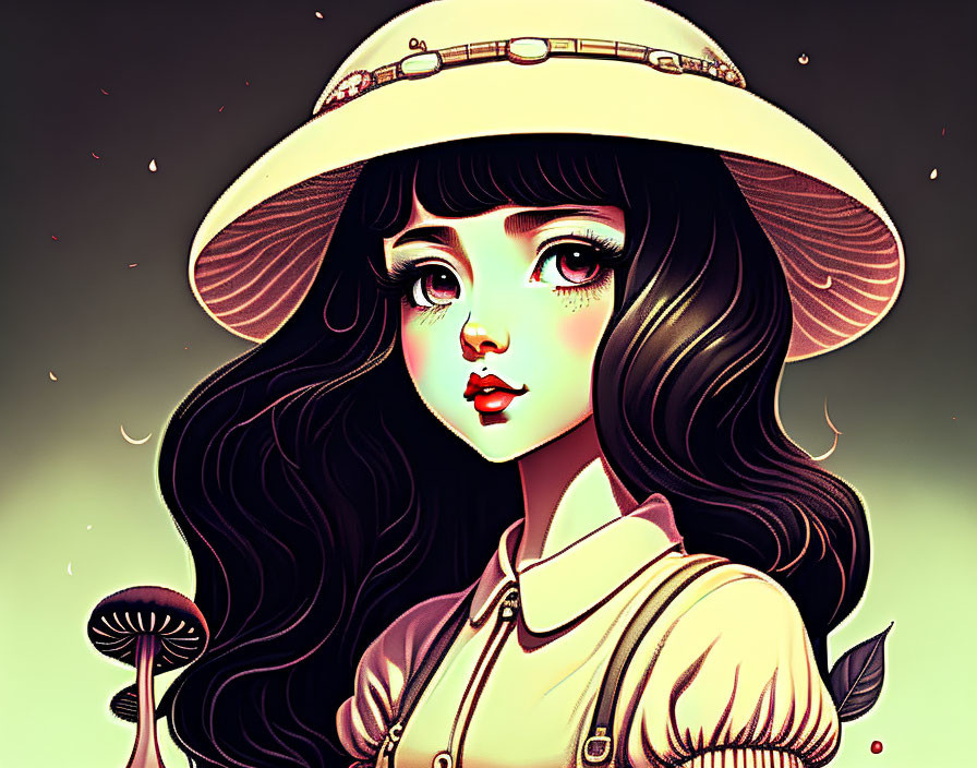 Illustrated portrait of a girl in vintage attire with large eyes and floral elements