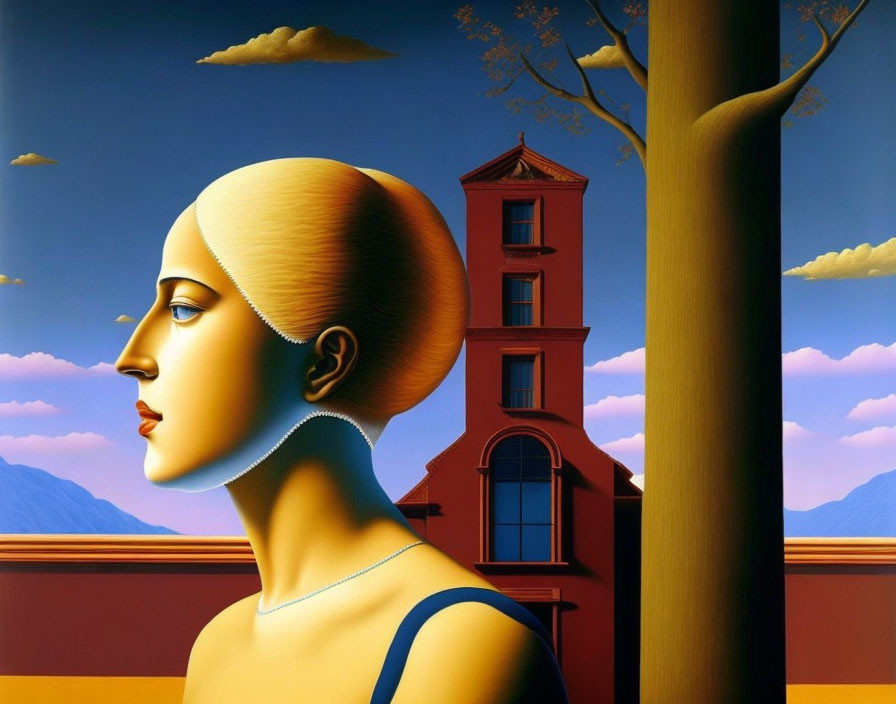 Surreal portrait of a woman with architectural head profile in scenic background