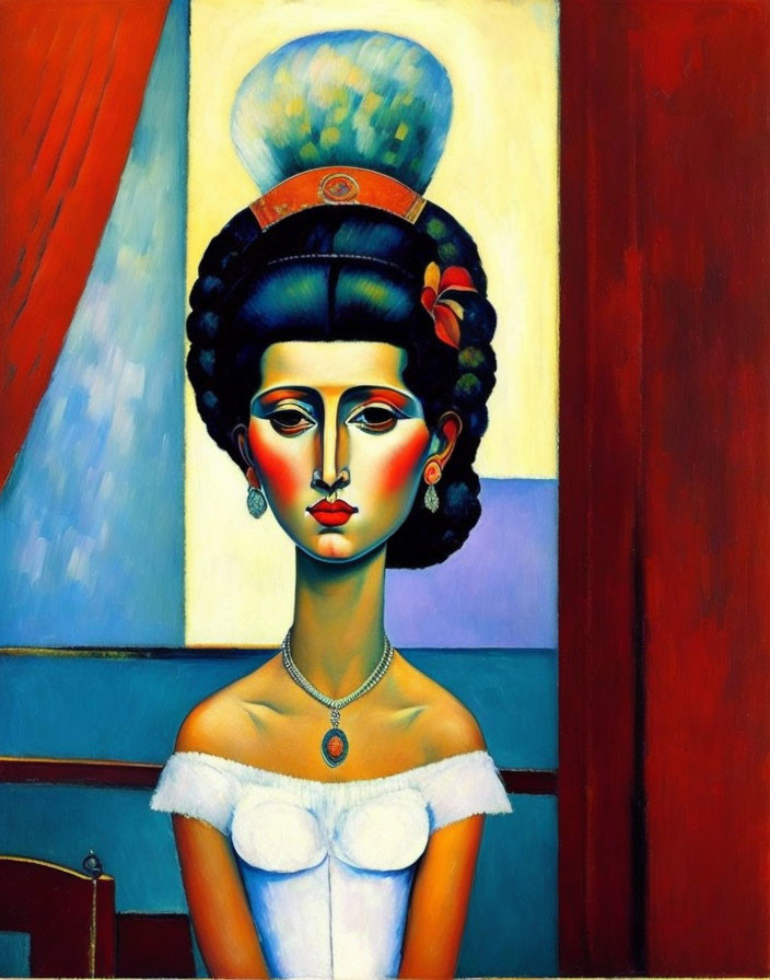 Vivid painting of stylized woman with large headdress and serene expression