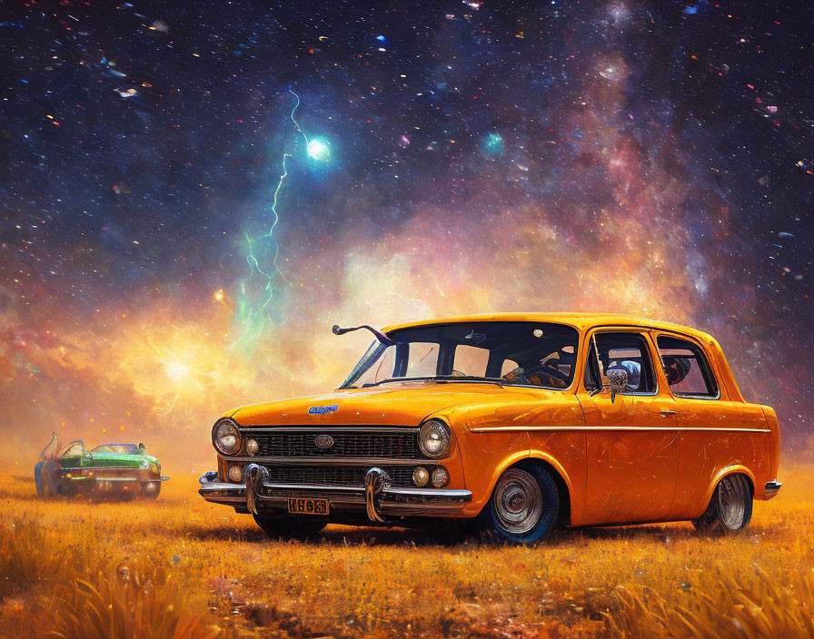 Vintage Orange Car in Field under Cosmic Sky with Stars and Comet