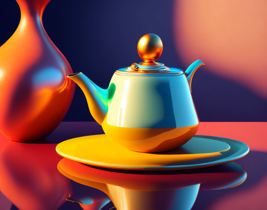 Colorful Surreal Still Life with Teapot, Plates, and Vase on Purple Background