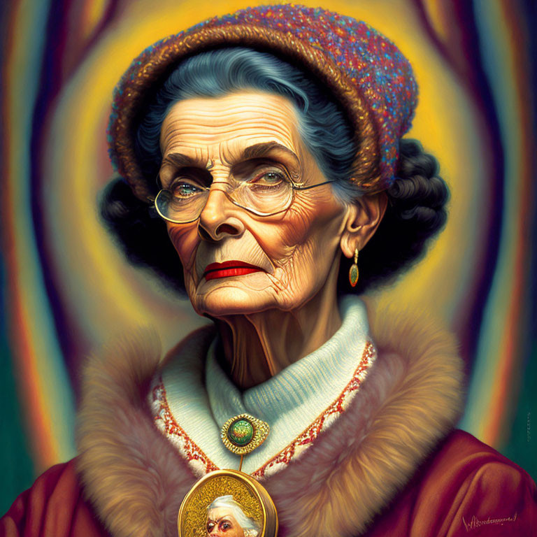 Detailed illustration of elderly woman in colorful attire against golden backdrop