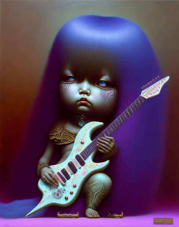 Surreal artwork: Child with oversized blue hair holding ornate white guitar