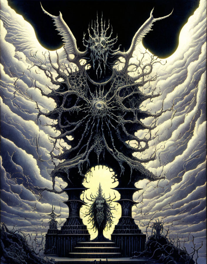 Monochrome cosmic tree art with figure and celestial body