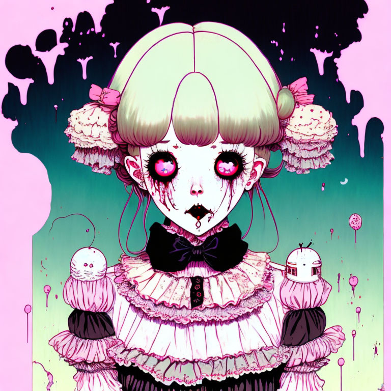 Stylized girl in gothic Lolita dress with large eyes in surreal setting