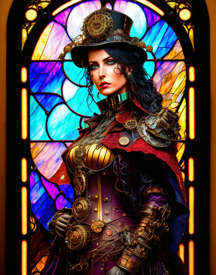 Steampunk-themed female character with top hat, goggles, and corset in front of stained glass