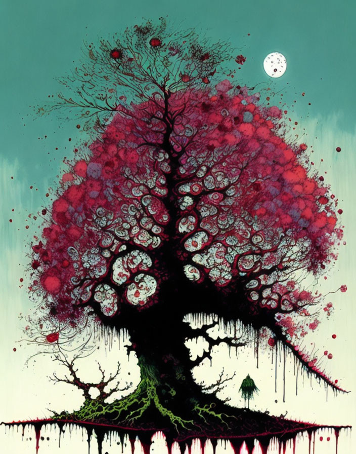 Moonlit tree with blood-red foliage and mysterious liquid drips