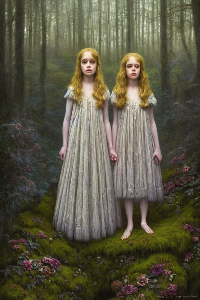 Two girls in ethereal gowns in misty forest setting