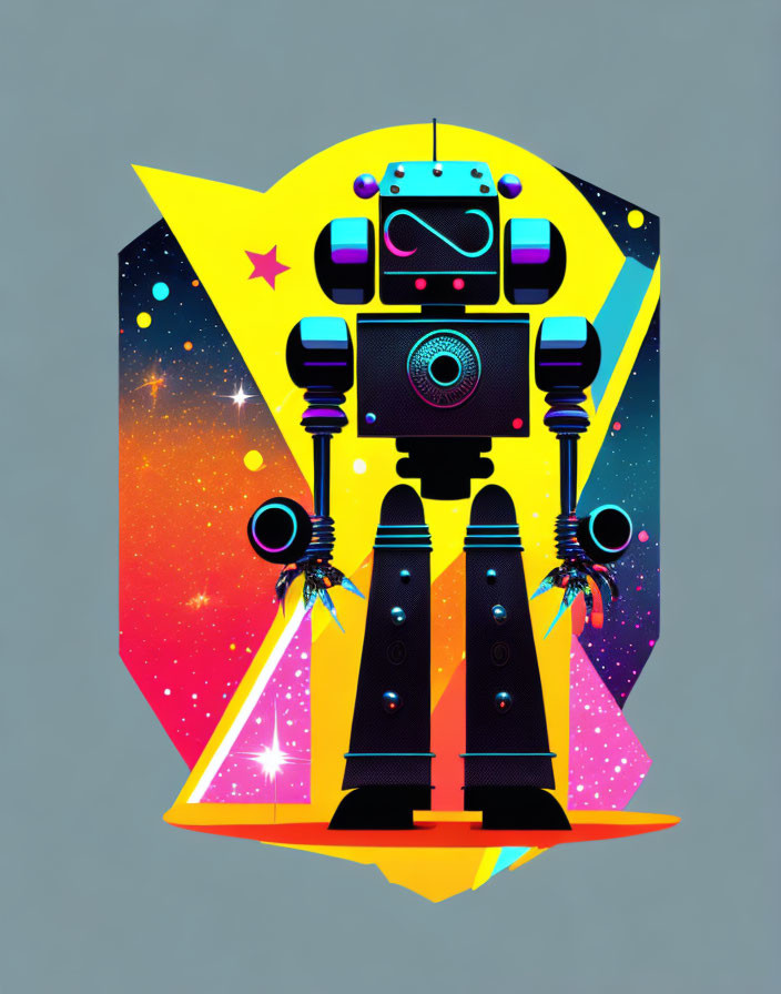 Colorful Robot with Jetpack Legs in Cosmic Shield on Geometric Background