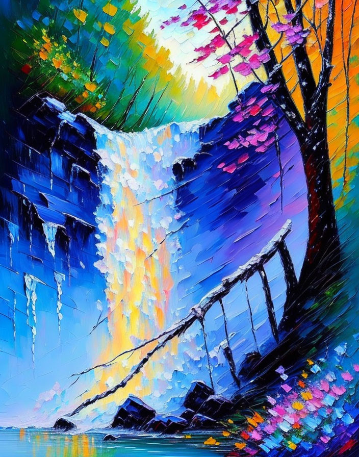 Colorful Impressionistic Painting of Waterfall and Lush Foliage