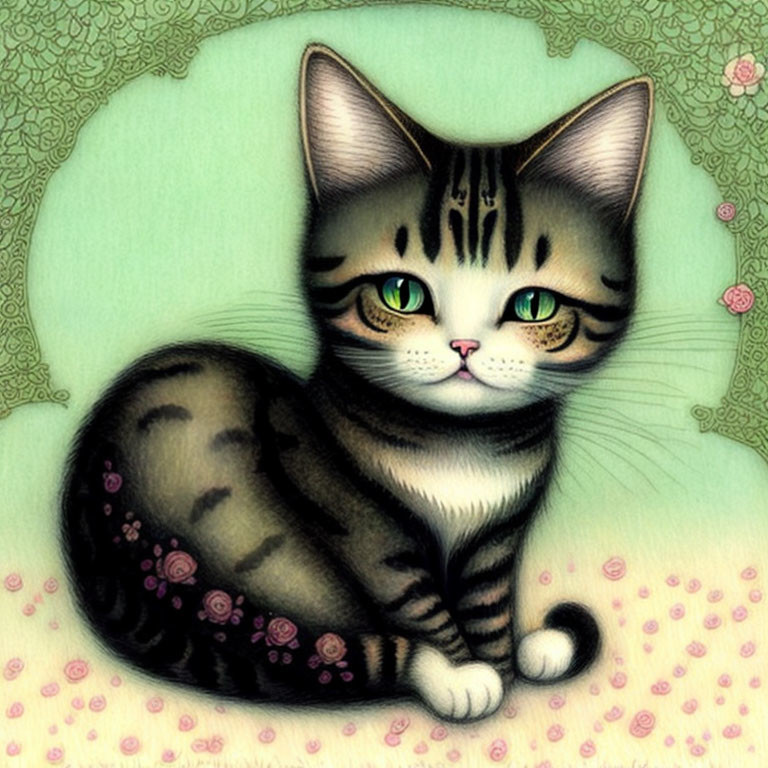 Striped Cat with Green Eyes and Pink Flowers on Green Background