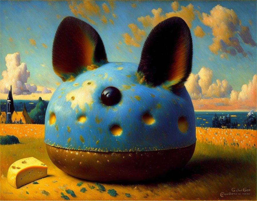 Surreal landscape: giant blue mouse sculpture, cheese, vibrant sky