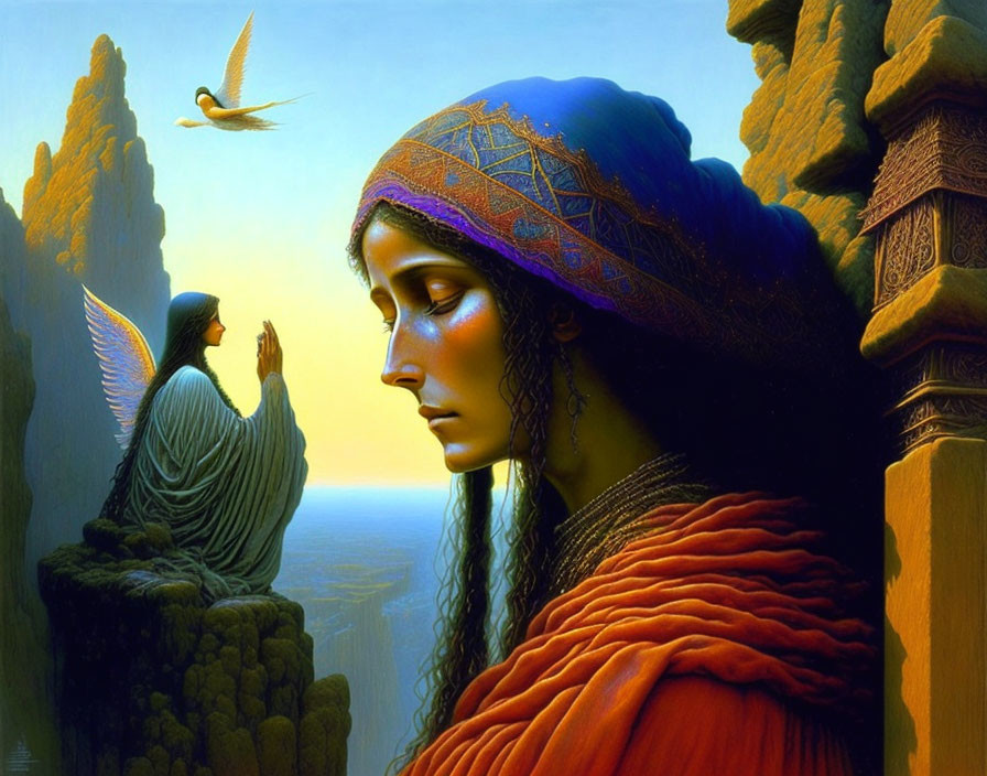 Surreal artwork: contemplative woman, angel statue, bird, golden sky