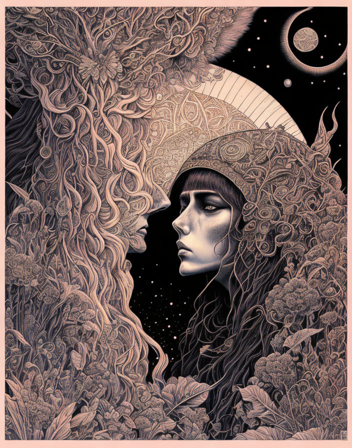 Detailed woman and lion illustration with floral patterns under crescent moon.