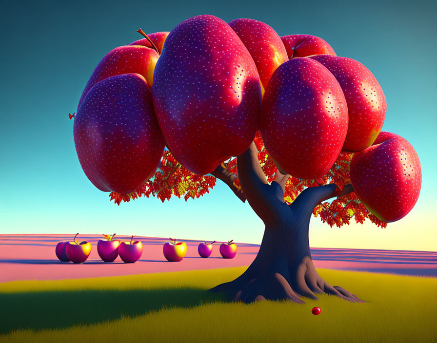 Surreal landscape with stylized tree and red apples