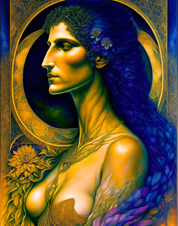 Woman with long hair and golden jewelry in vibrant blue and gold hues