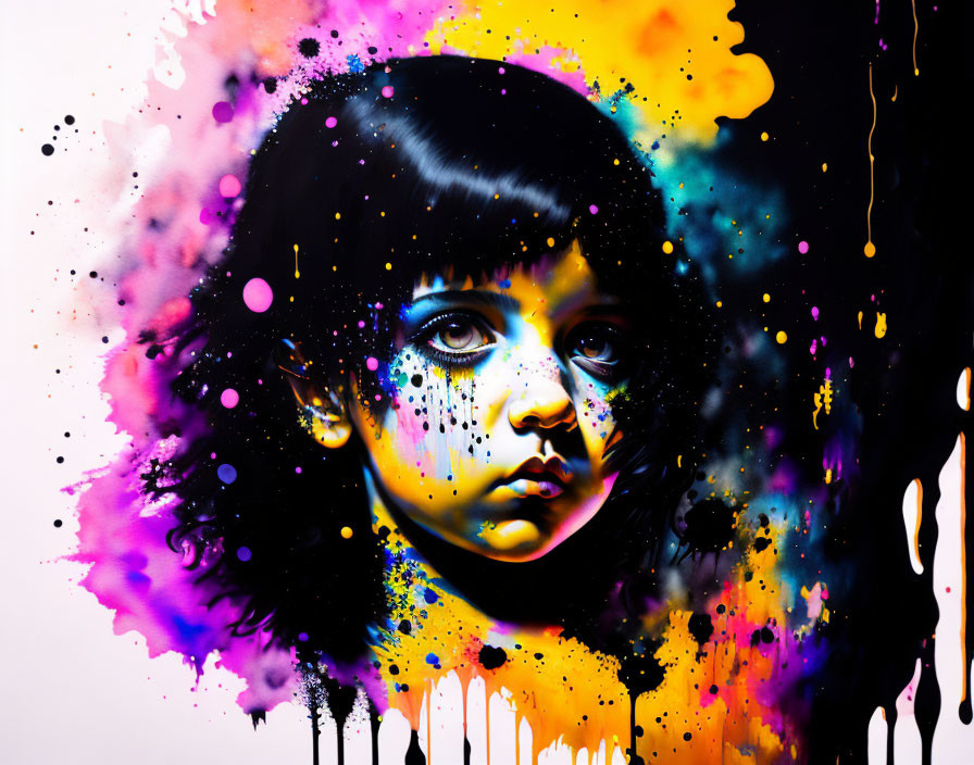 Vibrant painting of child's face with black hair and colorful paint splatters