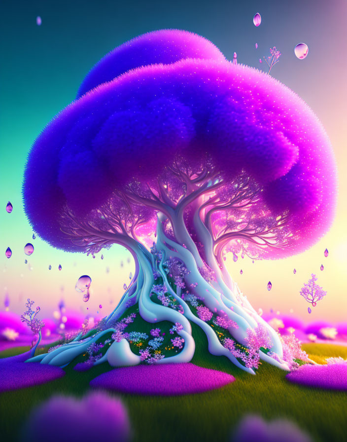 Vibrant Purple Tree in Dreamy Landscape with Floating Droplets