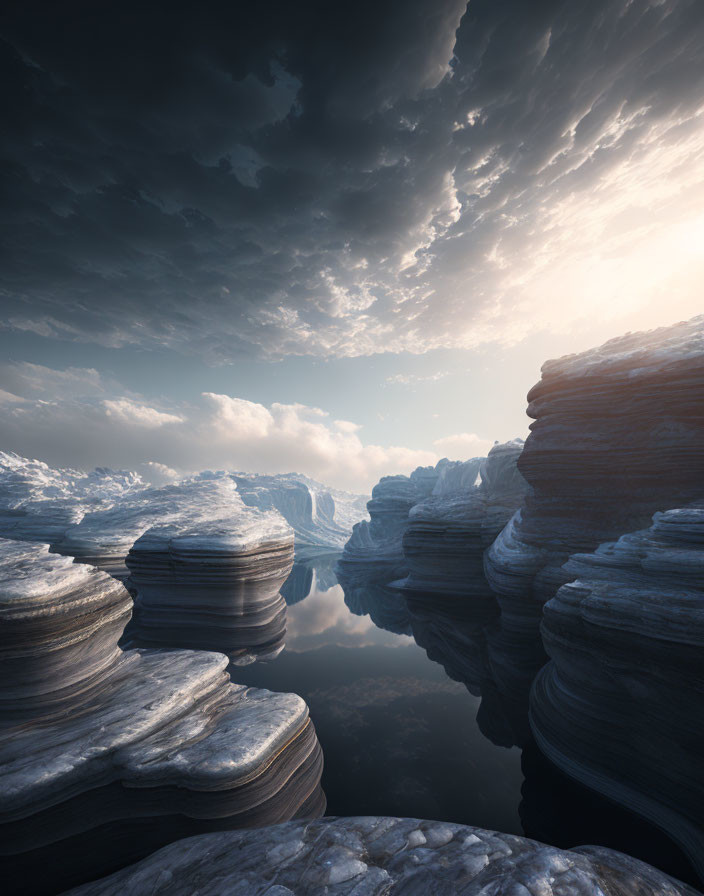 Layered Rock Formations and Reflective Water Body in Dramatic Landscape