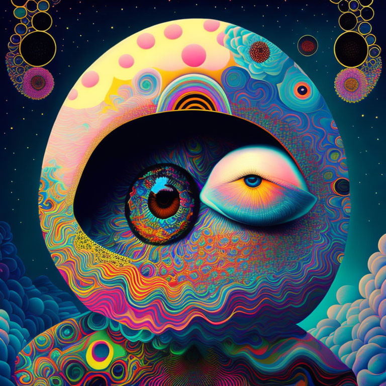 Colorful Psychedelic Illustration with Mismatched Eyes & Celestial Elements