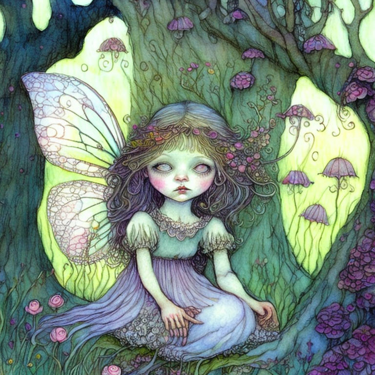 Fairy girl with large wings in enchanted forest scene