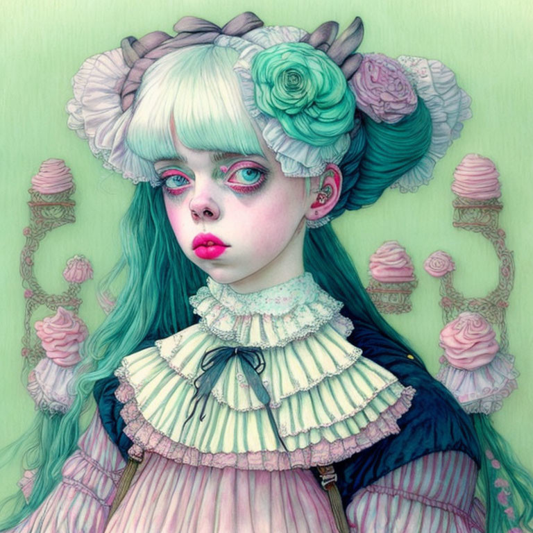 Detailed Victorian attire on girl with greenish-blue hair in ornate background