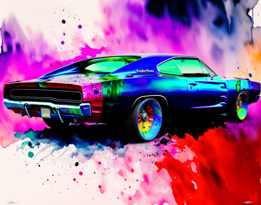 Colorful Artwork: Muscle Car with Psychedelic Background