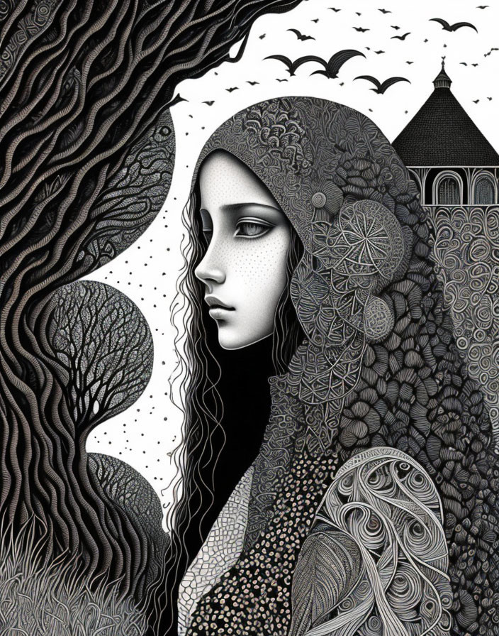 Monochrome illustration of woman, tree, birds, and castle.