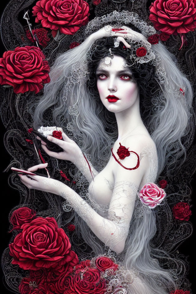 Pale woman with gray hair and red roses, dramatic makeup, holding petal and thorn.