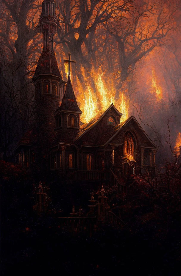 Gothic church in fiery forest with illuminated windows