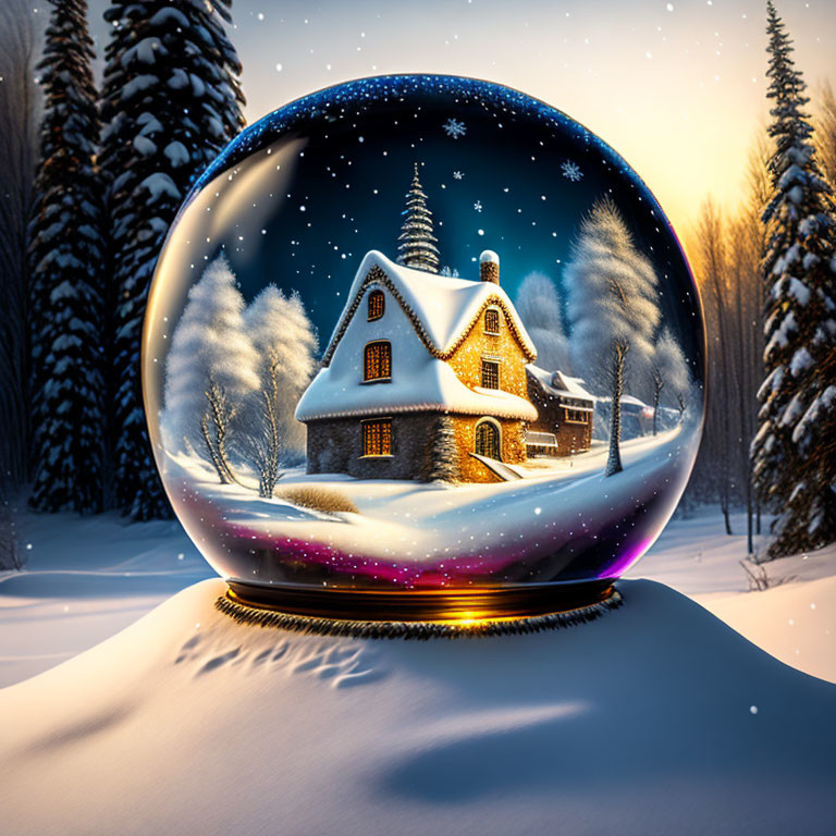 Snow globe with cozy cottage, pine trees, snow, and stars.