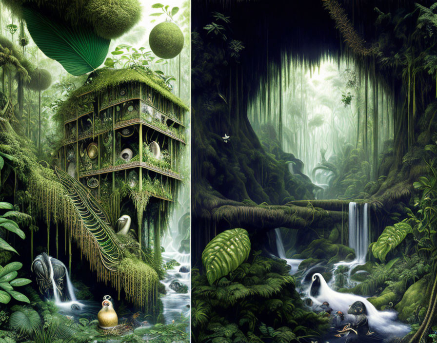 Fantasy jungle diptych with treehouse, waterfall, exotic plants