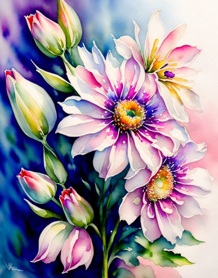 Colorful watercolor painting of pink and white flowers on purple background