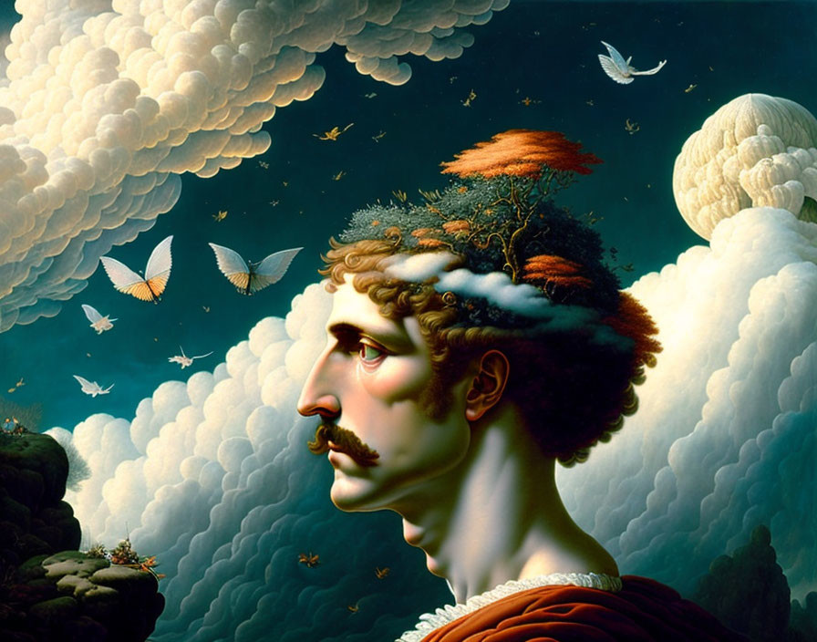 Man's portrait with tree and cloud hair, birds, moody sky
